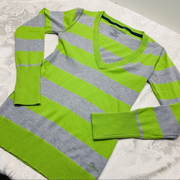 Neon Green & Gray Stripe Spring Sweater TRENDY M - Picture 3 of 7